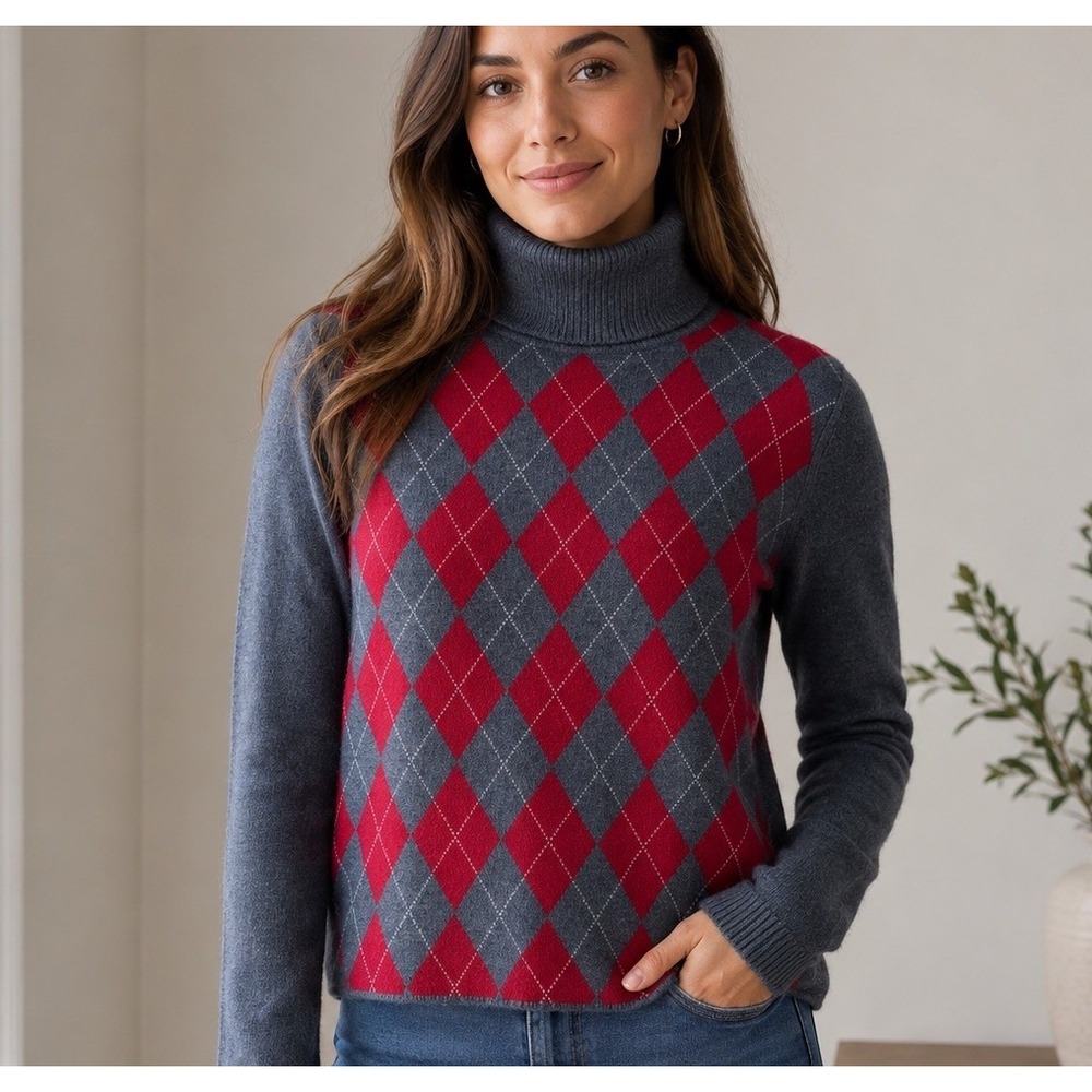 Cozy Argyle 100% Cashmere Turtleneck Sweater Red & Gray Soft Womens M Apt. 9 EUC